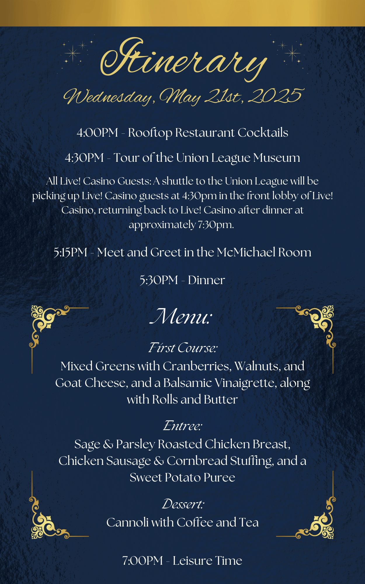 Event itinerary with dinner menu details.